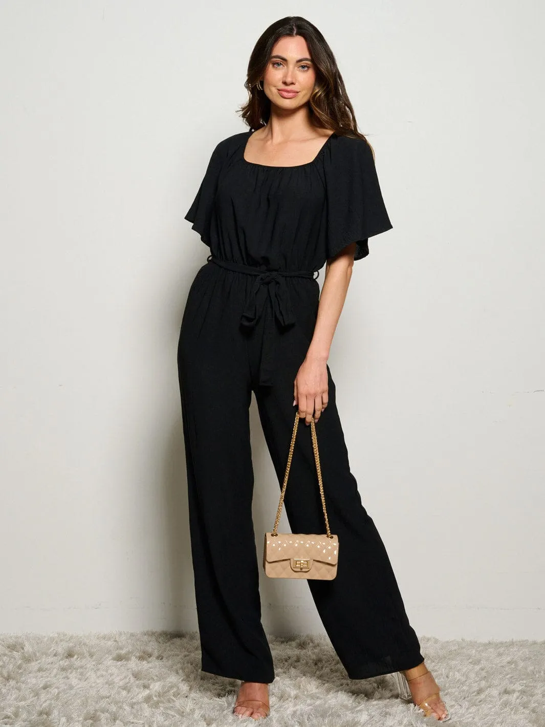 WOMEN'S SHORT SLEEVE SELF TIE WIDE LEG JUMPSUIT