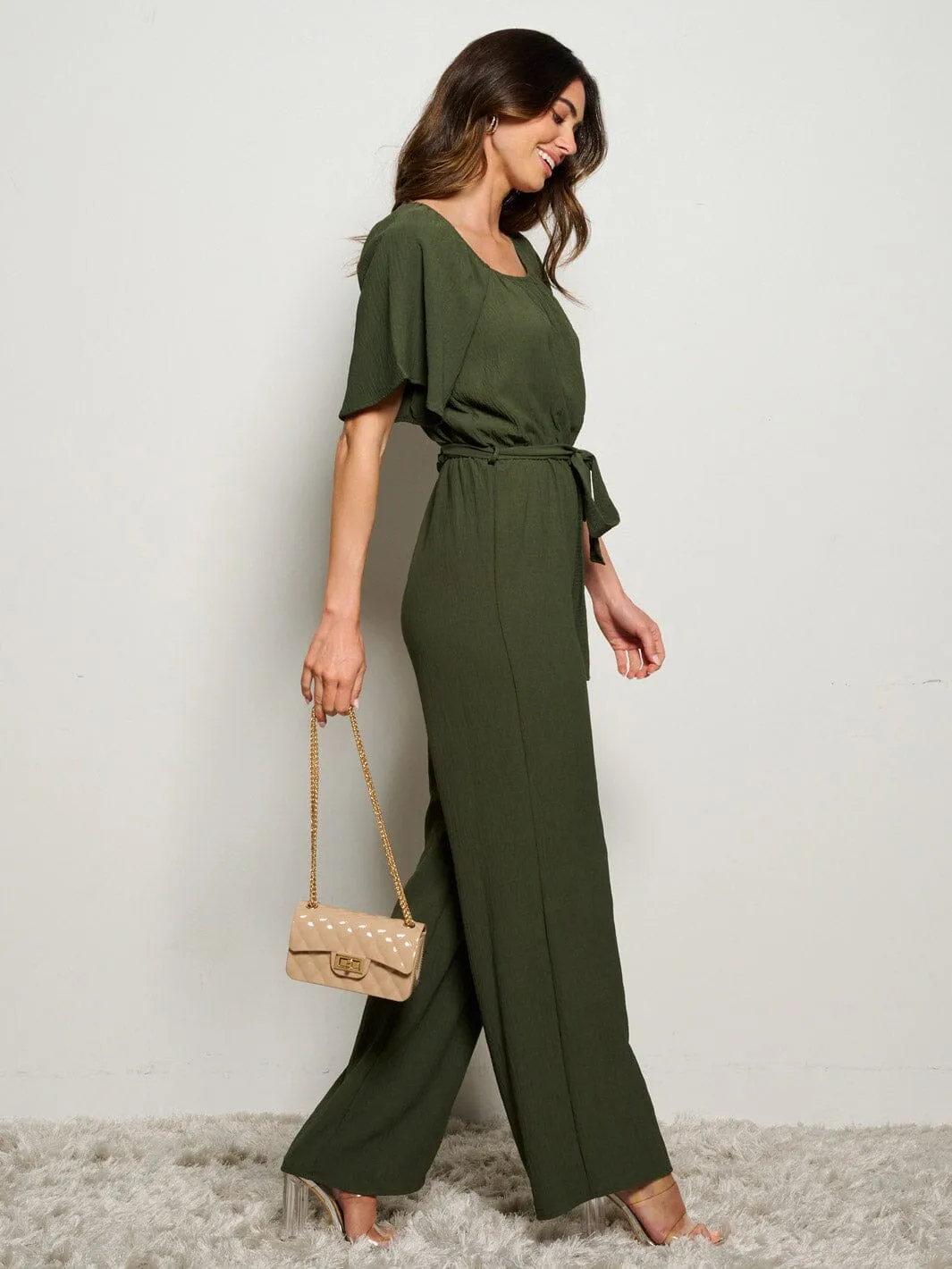 WOMEN'S SHORT SLEEVE SELF TIE WIDE LEG JUMPSUIT