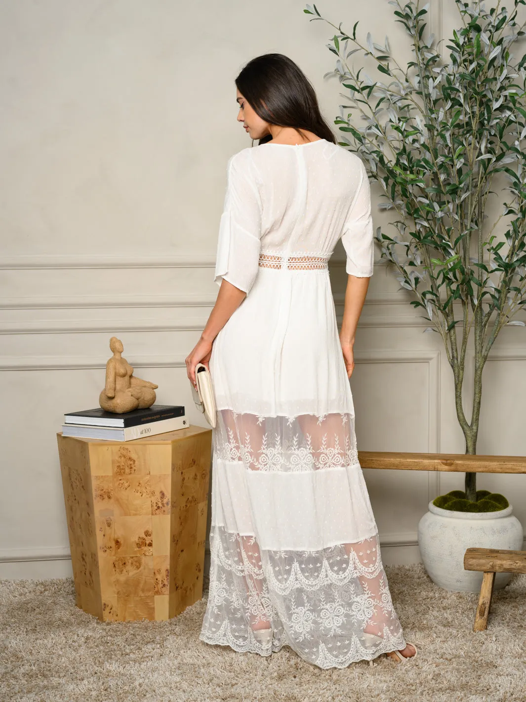 WOMEN'S SHORT SLEEVE V-NECK LACE MAXI DRESS