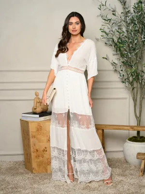 WOMEN'S SHORT SLEEVE V-NECK LACE MAXI DRESS