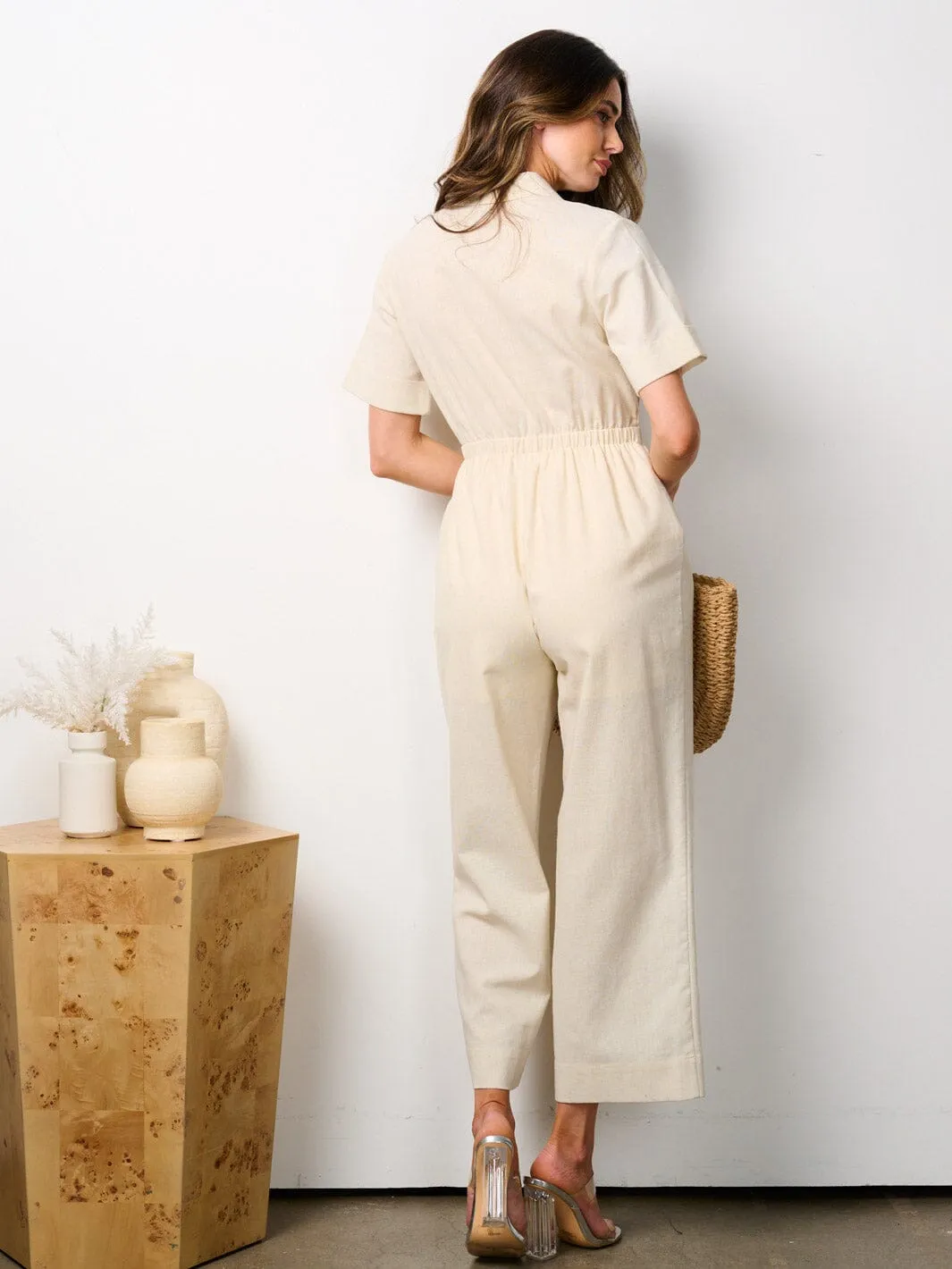 WOMEN'S SHORT SLEEVES BUTTON UP POCKETS JUMPSUIT