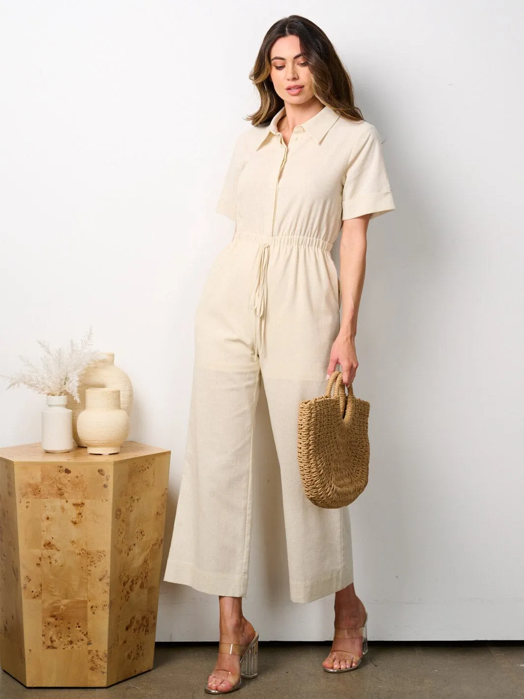 WOMEN'S SHORT SLEEVES BUTTON UP POCKETS JUMPSUIT