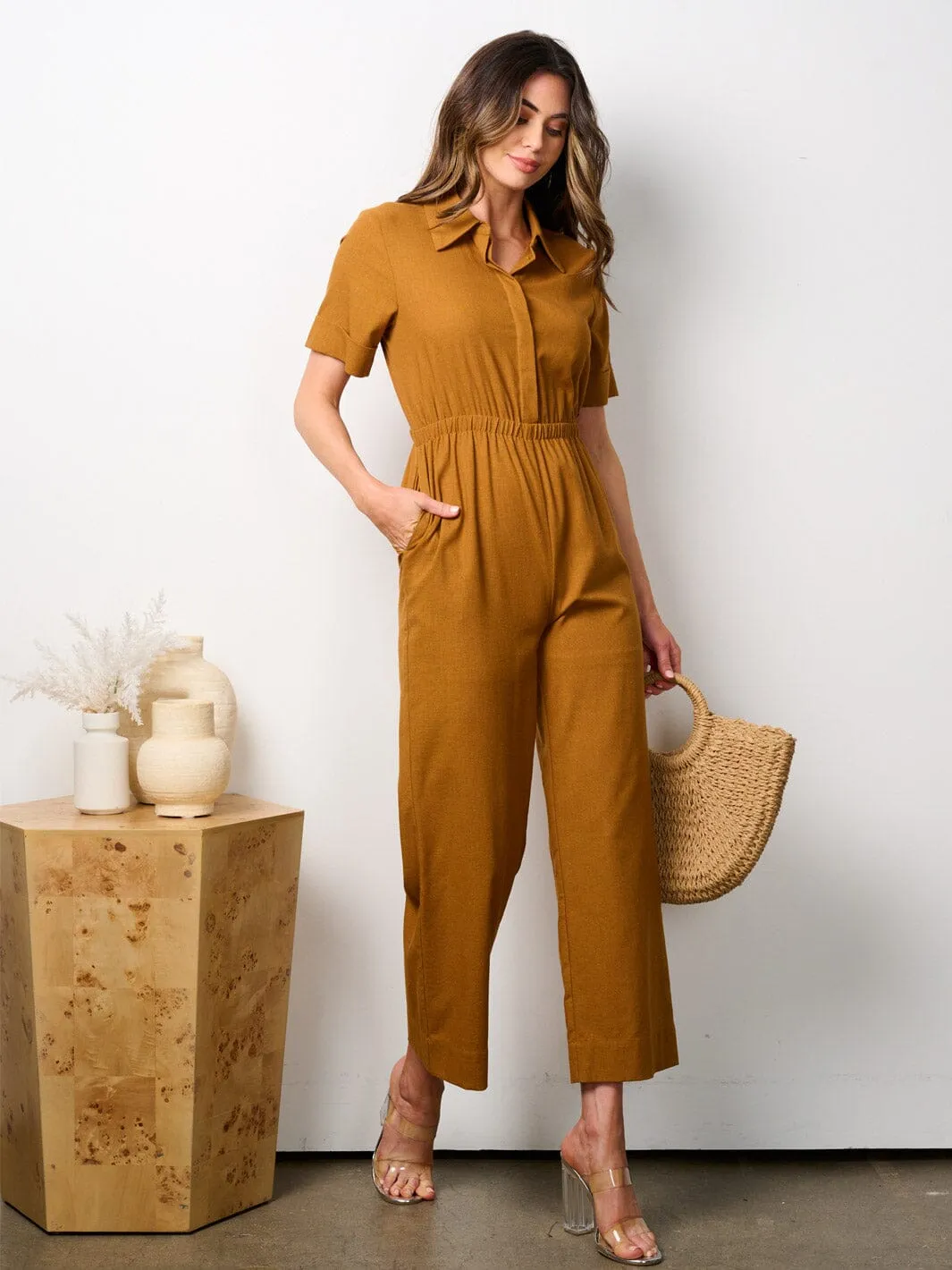 WOMEN'S SHORT SLEEVES BUTTON UP POCKETS JUMPSUIT