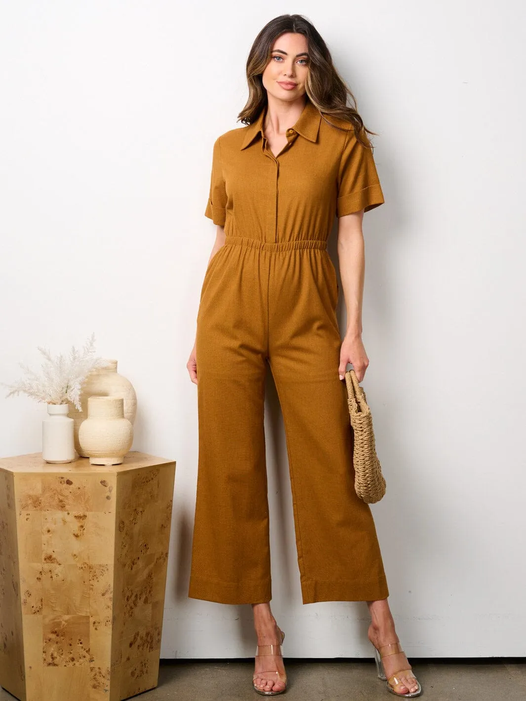 WOMEN'S SHORT SLEEVES BUTTON UP POCKETS JUMPSUIT