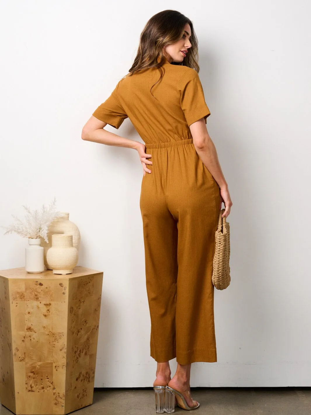 WOMEN'S SHORT SLEEVES BUTTON UP POCKETS JUMPSUIT