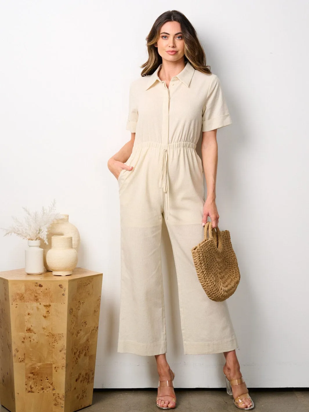 WOMEN'S SHORT SLEEVES BUTTON UP POCKETS JUMPSUIT