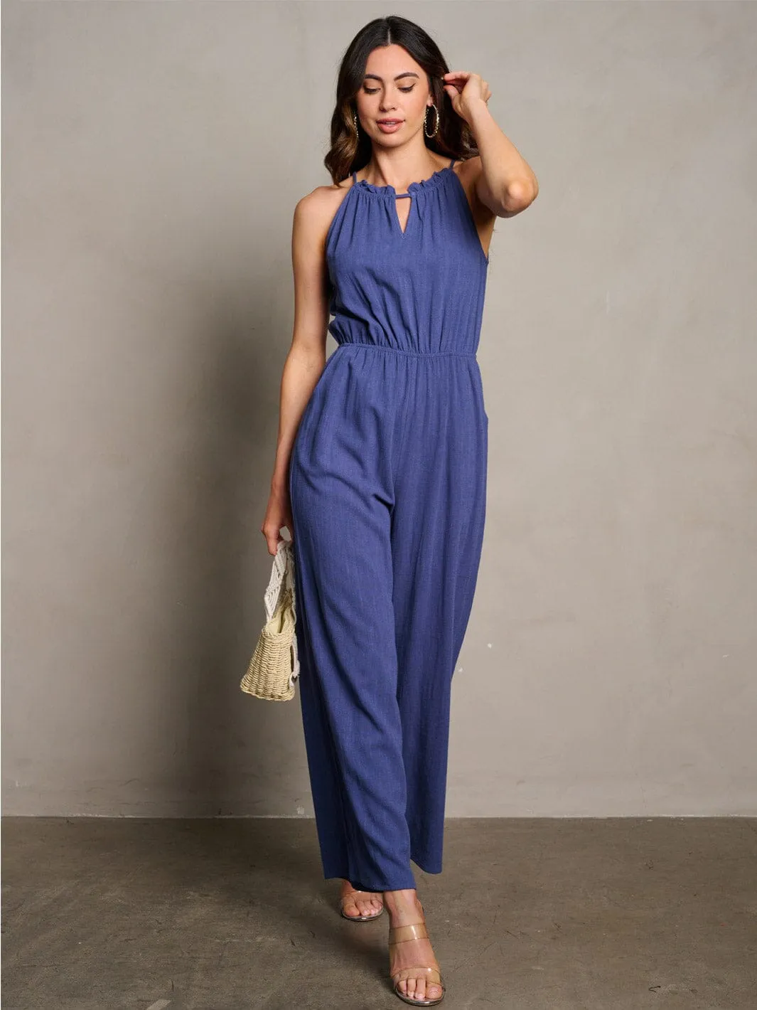 WOMEN'S SLEEVELESS ELASTIC WAIST POCKETS WIDE LEG JUMPSUIT
