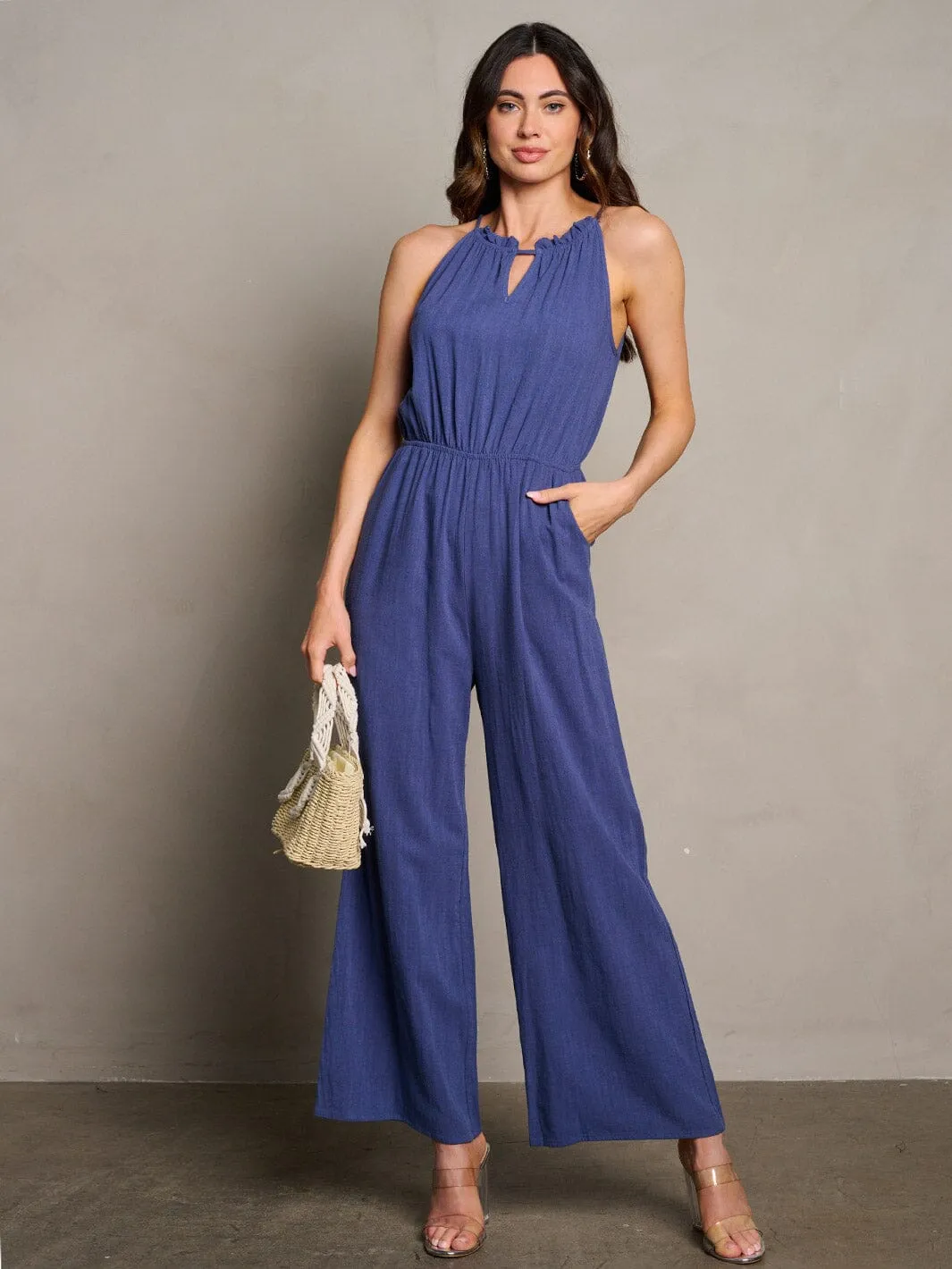 WOMEN'S SLEEVELESS ELASTIC WAIST POCKETS WIDE LEG JUMPSUIT