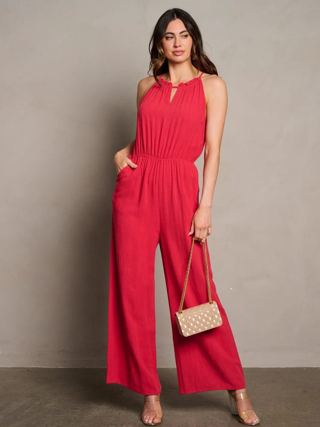 WOMEN'S SLEEVELESS ELASTIC WAIST POCKETS WIDE LEG JUMPSUIT