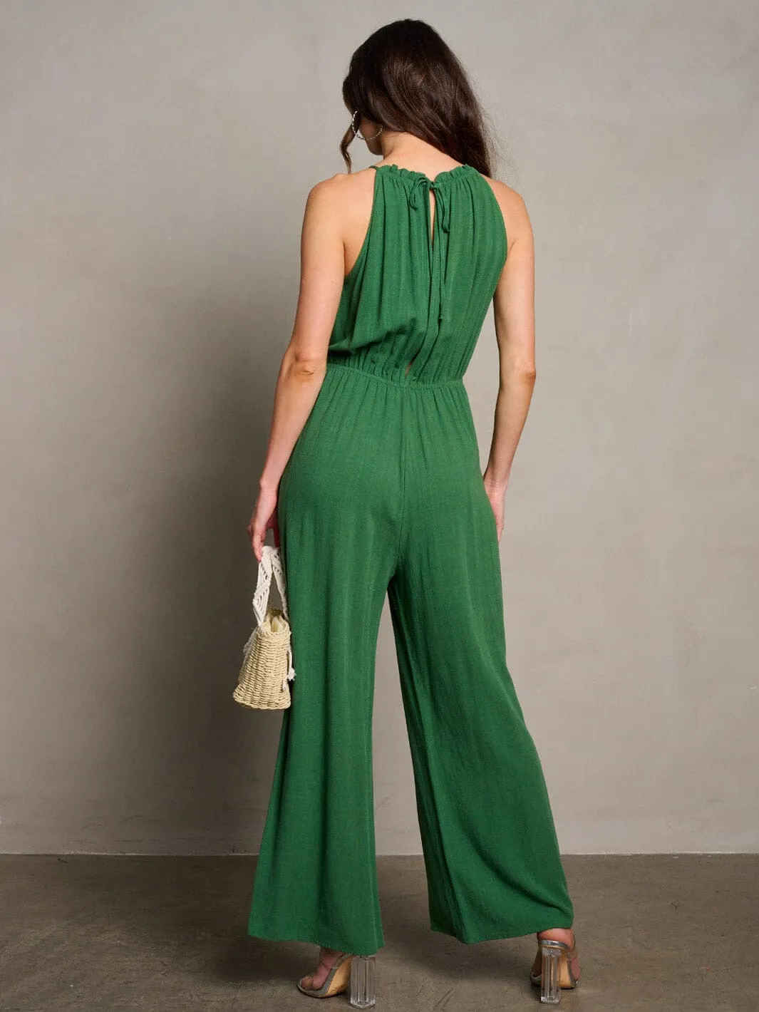 WOMEN'S SLEEVELESS ELASTIC WAIST POCKETS WIDE LEG JUMPSUIT