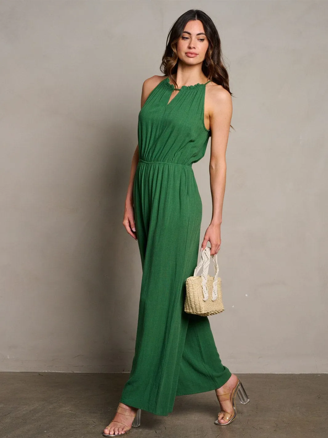 WOMEN'S SLEEVELESS ELASTIC WAIST POCKETS WIDE LEG JUMPSUIT
