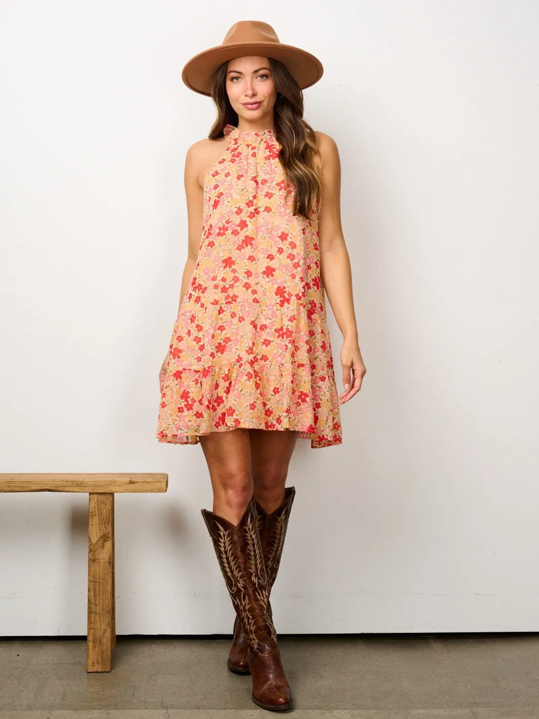 WOMEN'S SLEEVELESS HALTER NECK FLORAL MINI DRESS
