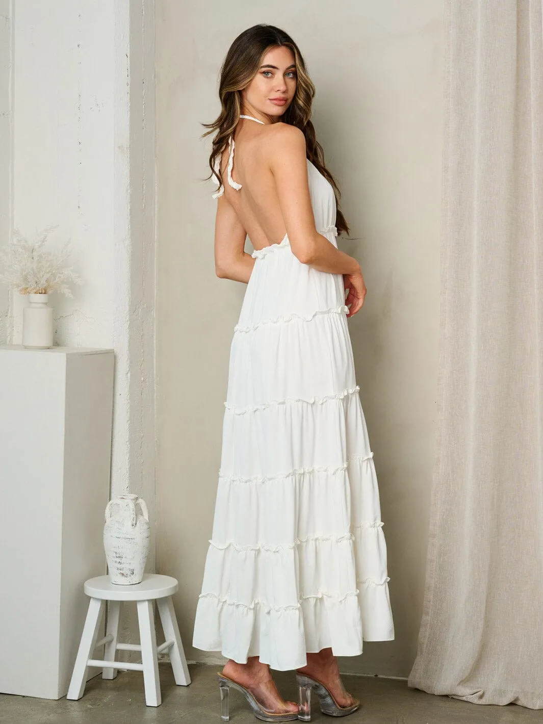 WOMEN'S SLEEVELESS HALTER NECK TIERES OPEN BACK MAXI DRESS