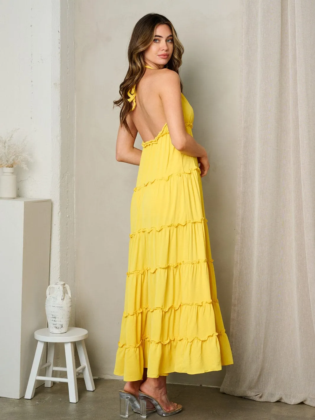 WOMEN'S SLEEVELESS HALTER NECK TIERES OPEN BACK MAXI DRESS