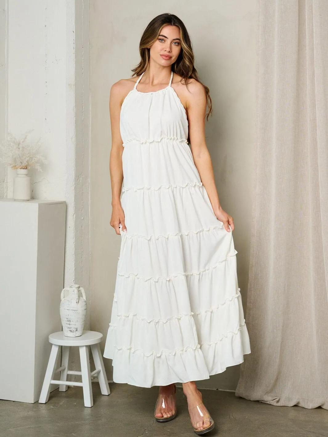 WOMEN'S SLEEVELESS HALTER NECK TIERES OPEN BACK MAXI DRESS