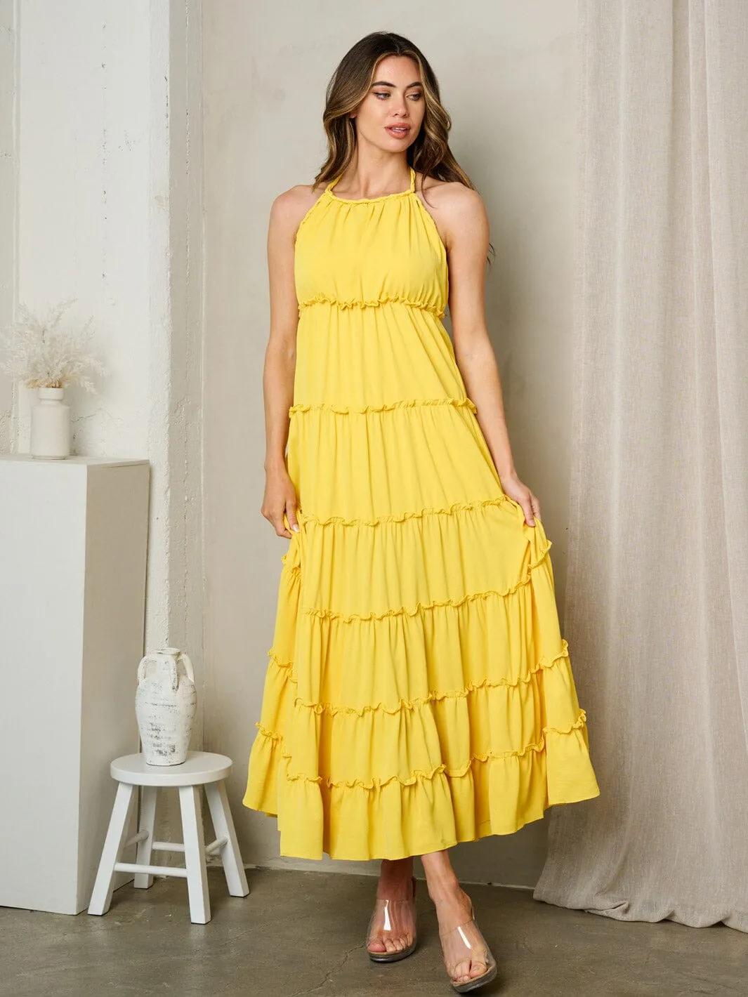 WOMEN'S SLEEVELESS HALTER NECK TIERES OPEN BACK MAXI DRESS