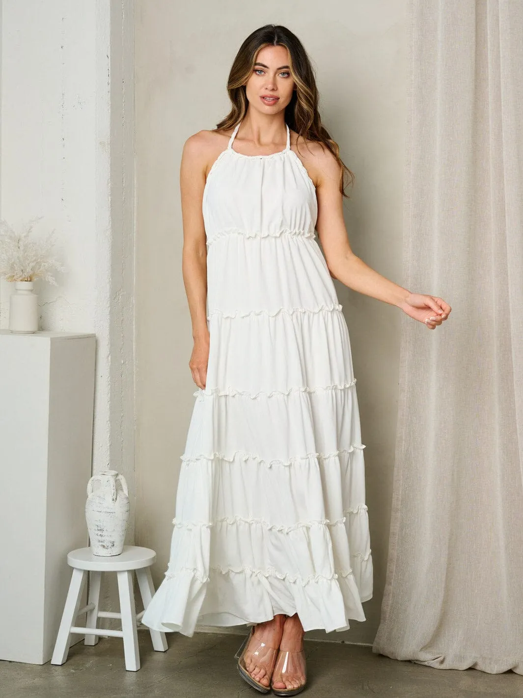WOMEN'S SLEEVELESS HALTER NECK TIERES OPEN BACK MAXI DRESS