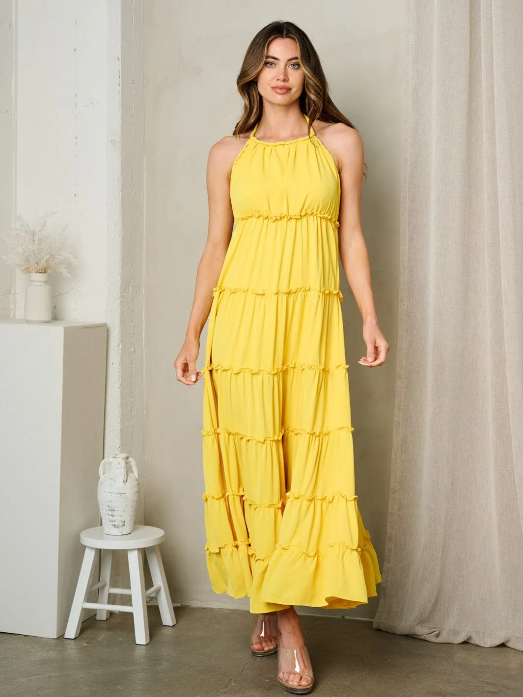 WOMEN'S SLEEVELESS HALTER NECK TIERES OPEN BACK MAXI DRESS