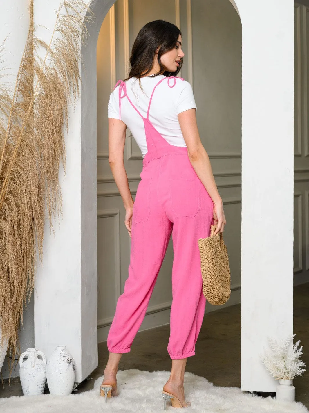 WOMEN'S SLEEVELESS POCKETS SELF TIE OVERALL