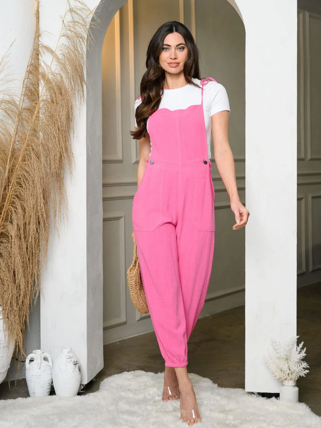 WOMEN'S SLEEVELESS POCKETS SELF TIE OVERALL
