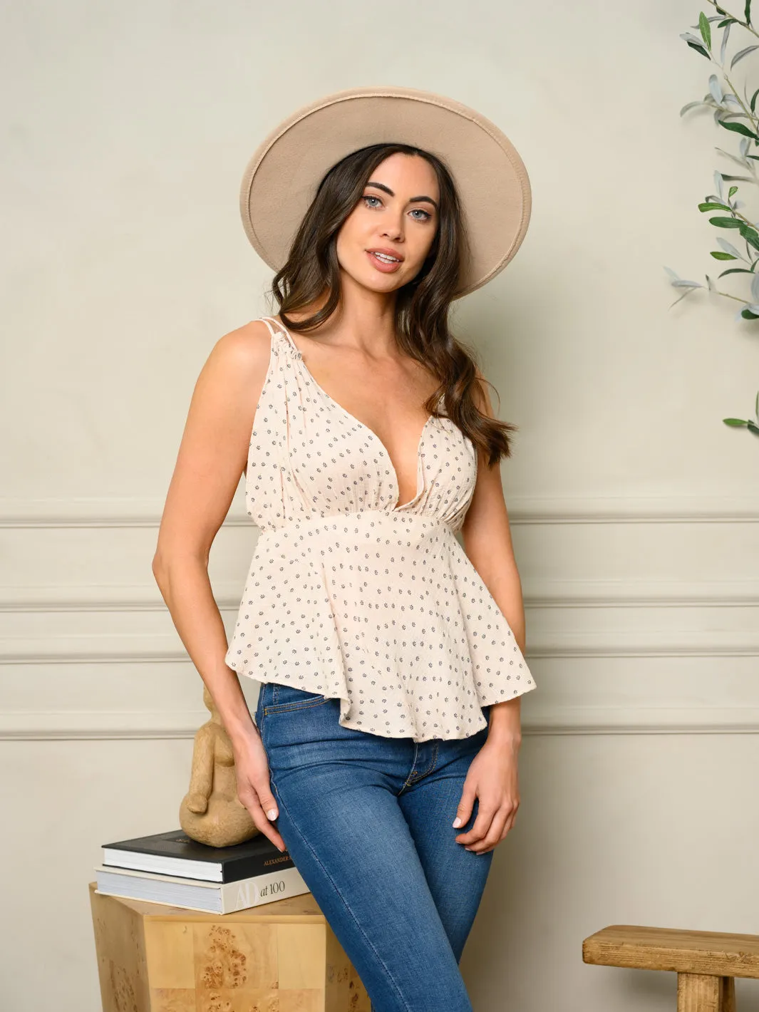 WOMEN'S SLEEVELESS V-NECK PEPLUM CAMI TANK TOP