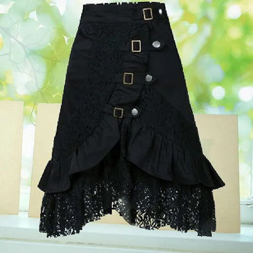 Women's Steampunk Gothic Style Black Lace Splicing Metal Button Buckle Skirt
