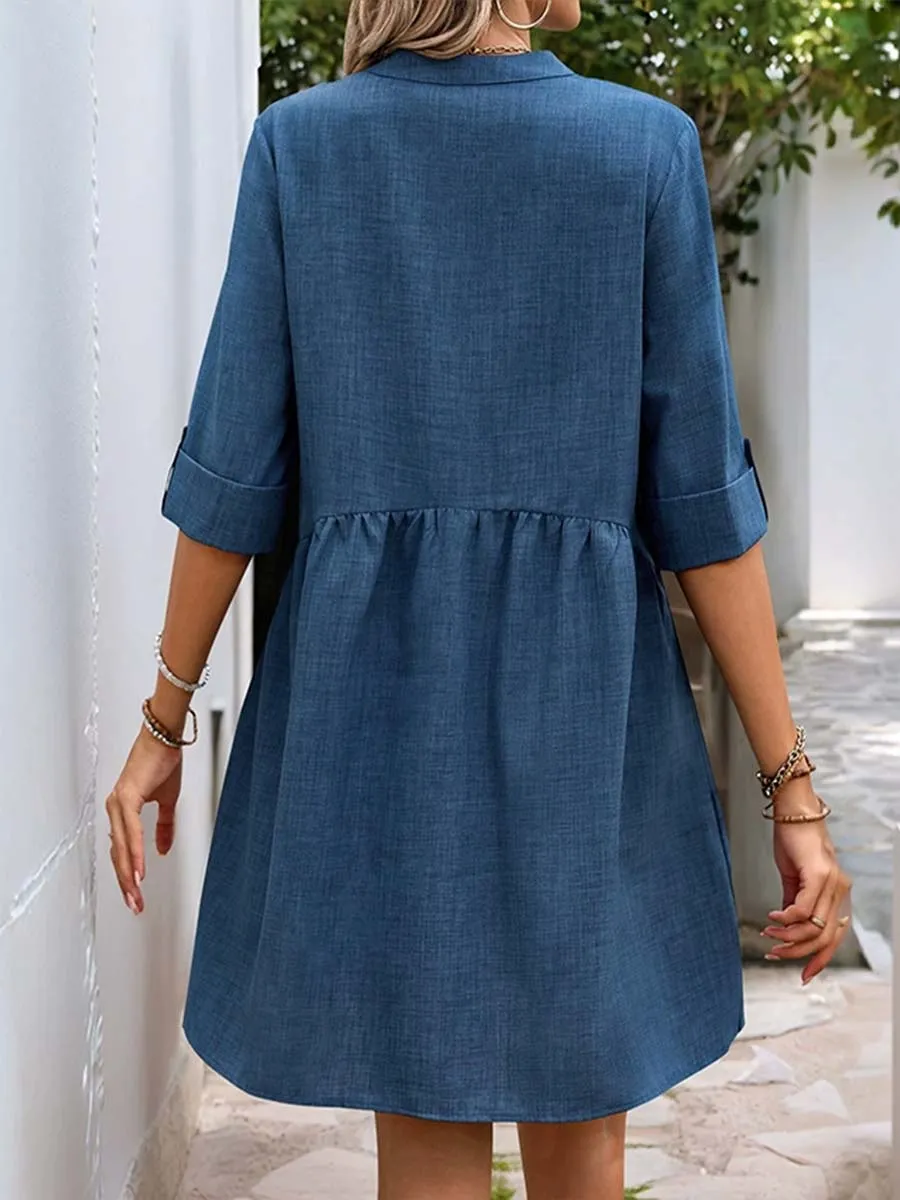 Women's V-Neck Solid Pocket Cotton Mini Dress