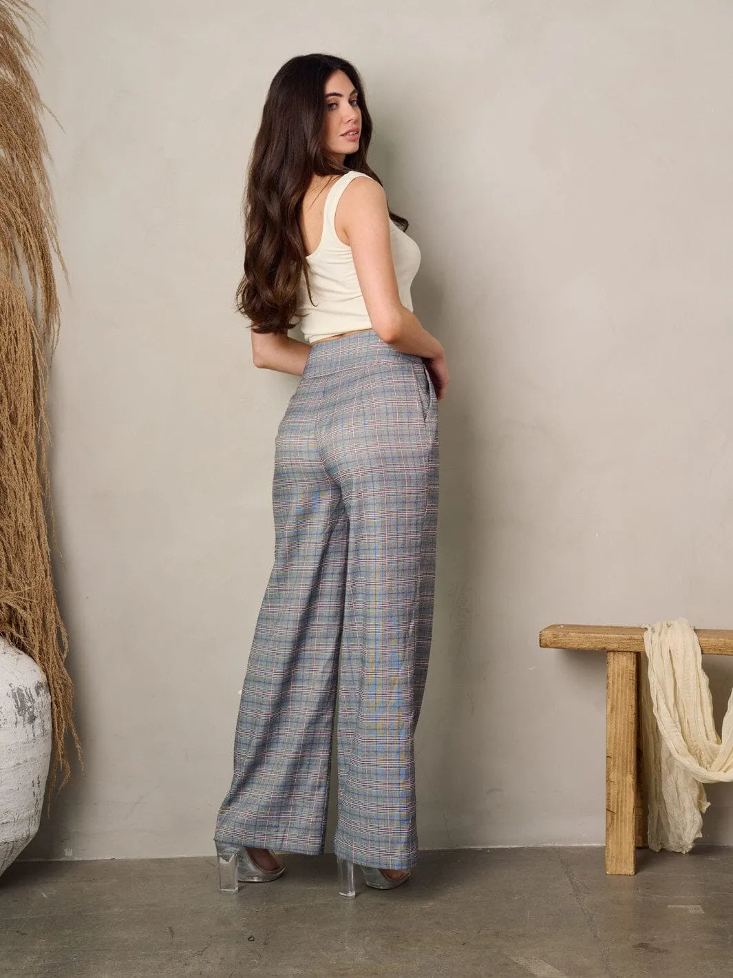 WOMEN'S WIDE LEGS FRONT BELT PLAID PANTS