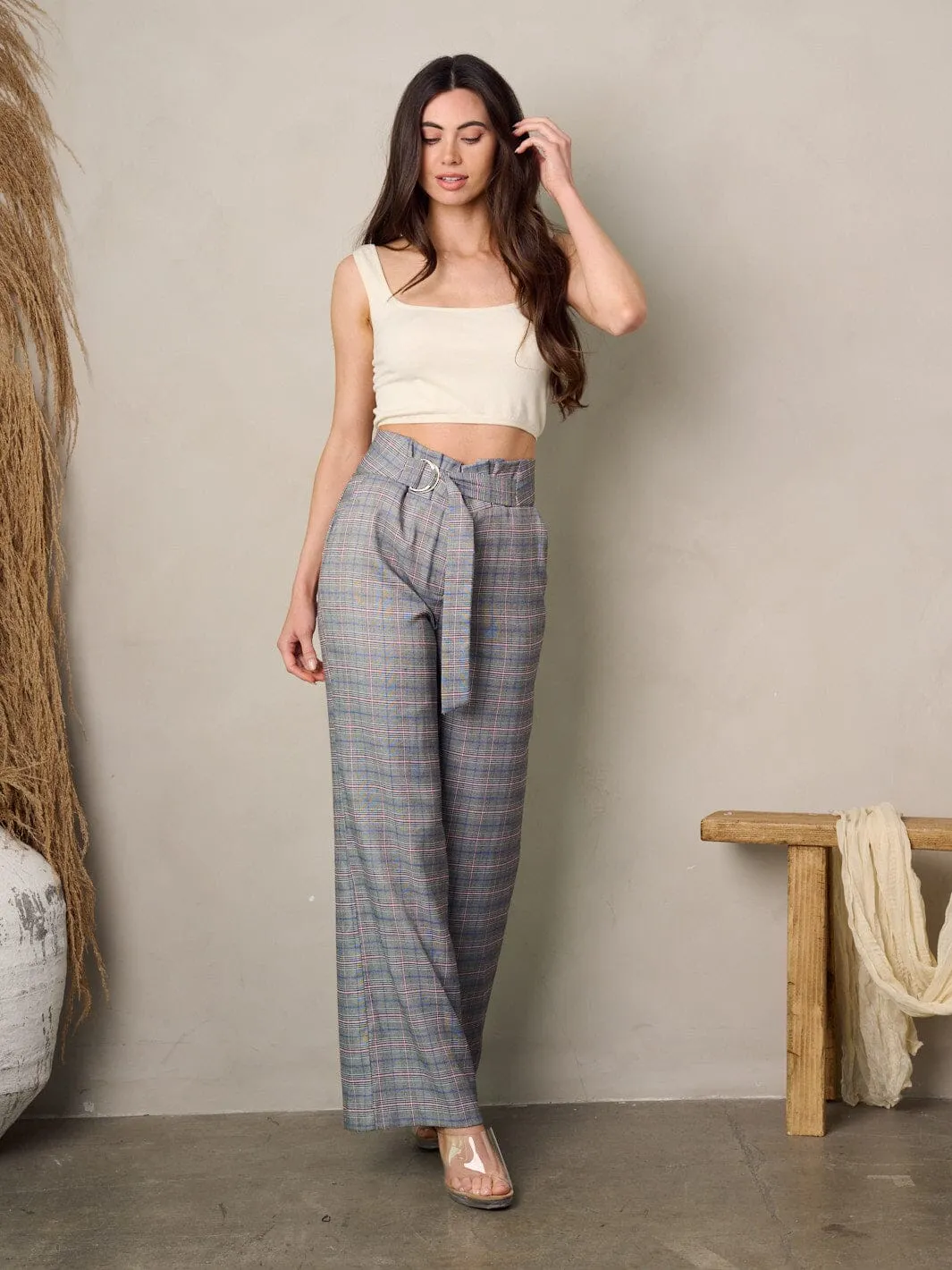 WOMEN'S WIDE LEGS FRONT BELT PLAID PANTS
