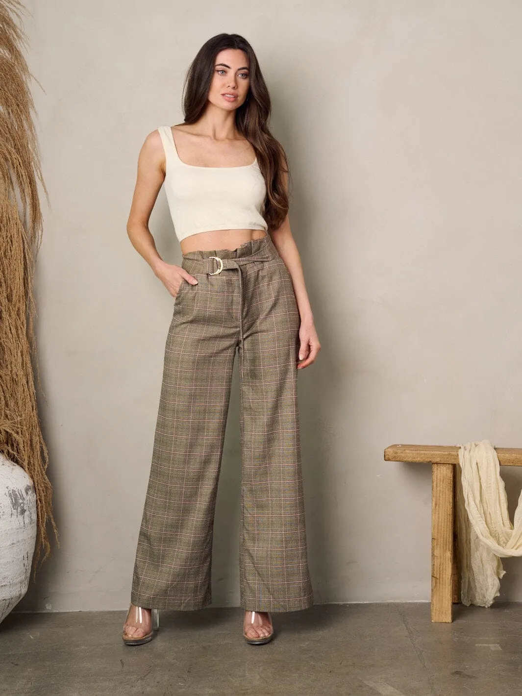 WOMEN'S WIDE LEGS FRONT BELT PLAID PANTS