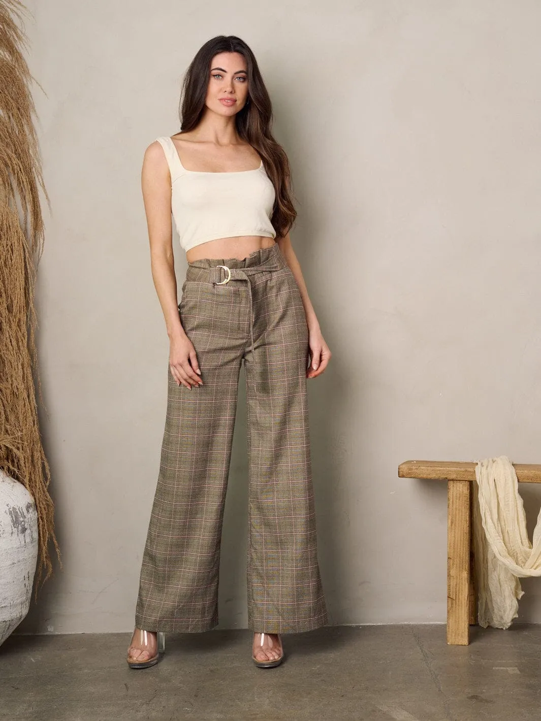 WOMEN'S WIDE LEGS FRONT BELT PLAID PANTS