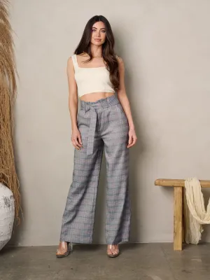 WOMEN'S WIDE LEGS FRONT BELT PLAID PANTS