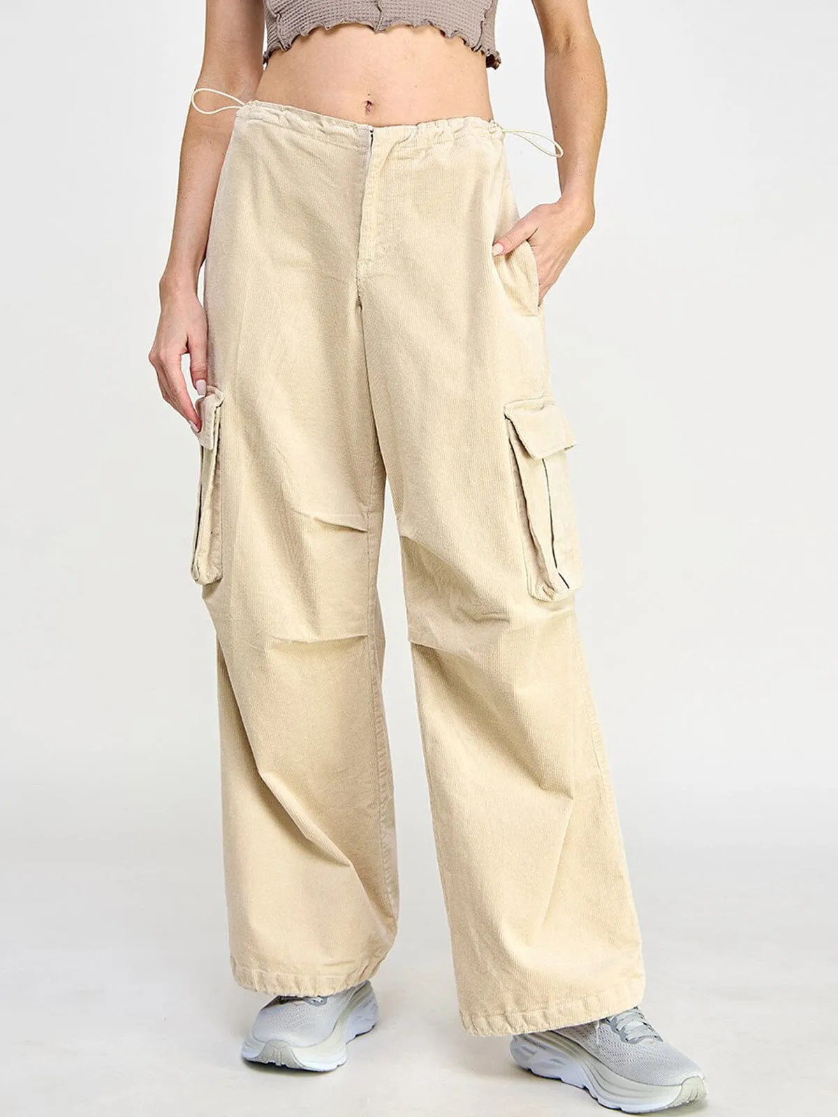 WOMEN'S ZIP UP CARGO POCKETS WIDE LEG CORDUROY PANTS