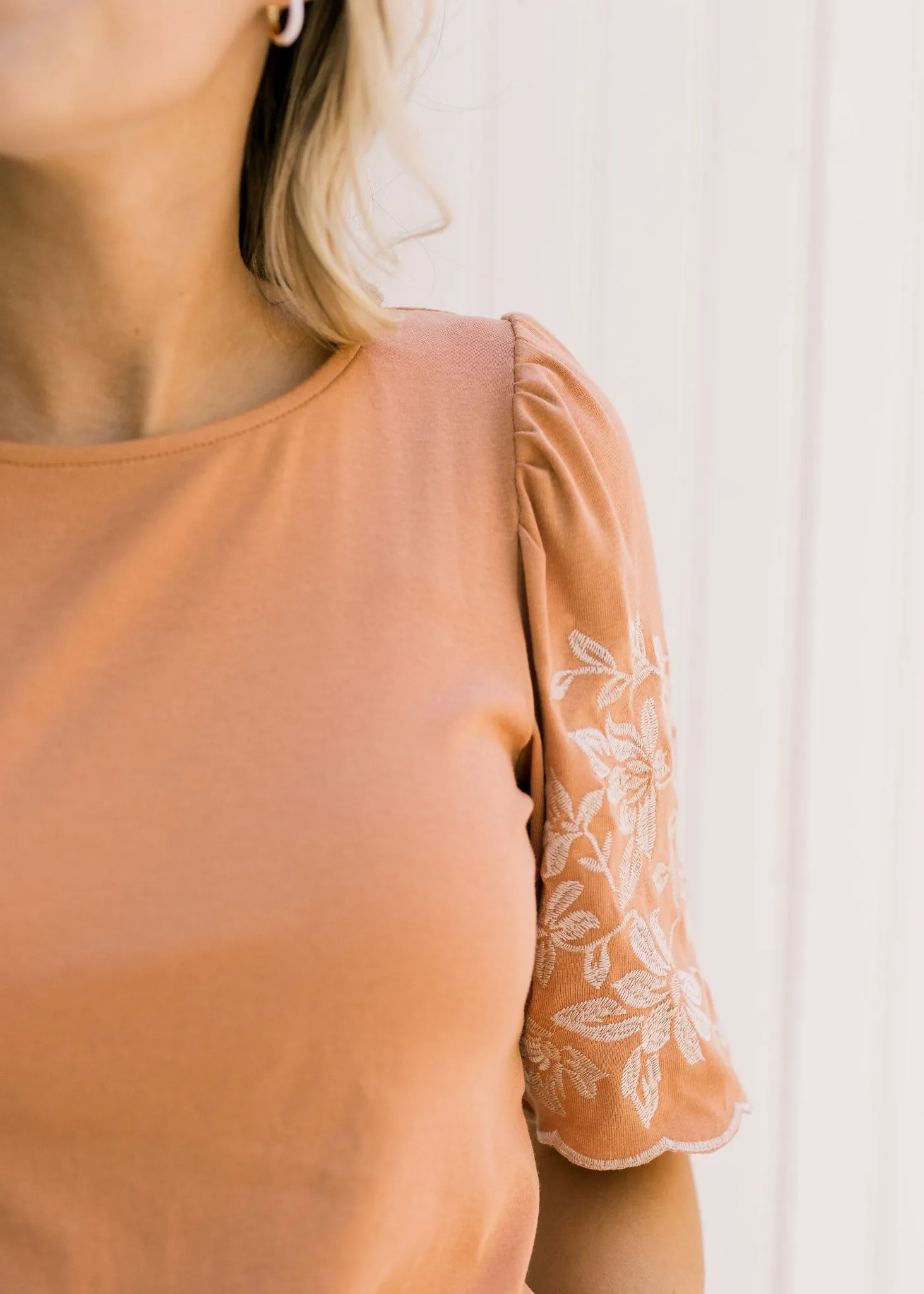 X Terracotta Embroidered Sleeve Top