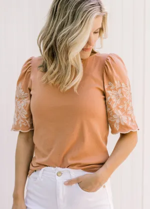X Terracotta Embroidered Sleeve Top