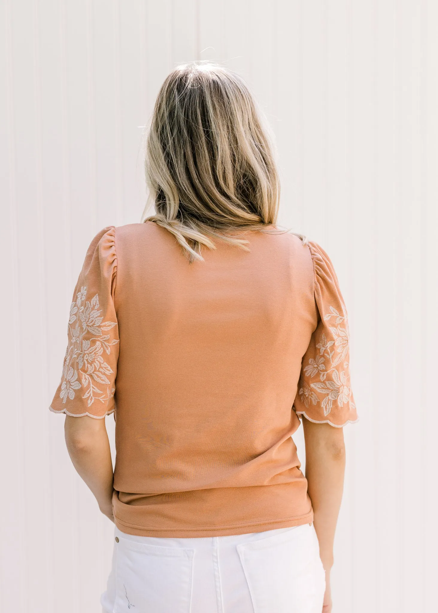 X Terracotta Embroidered Sleeve Top
