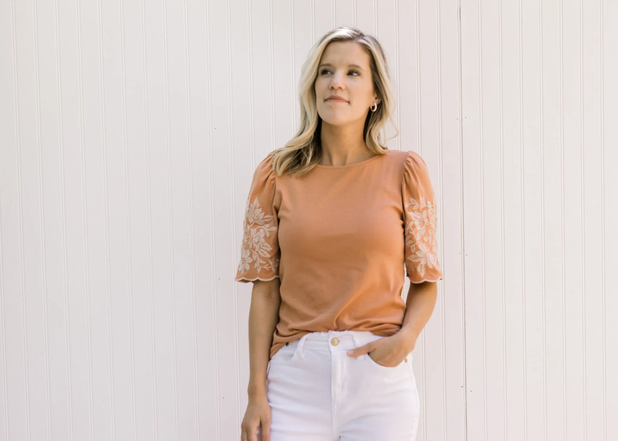 X Terracotta Embroidered Sleeve Top