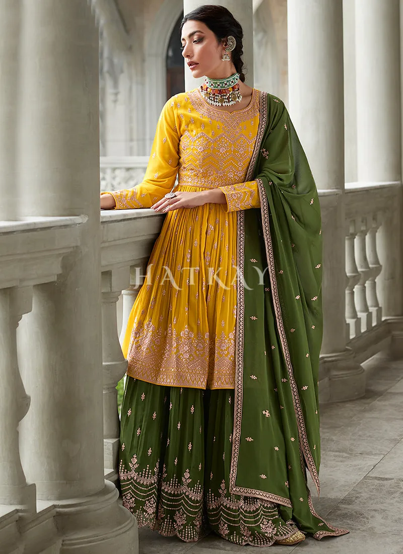 Yellow And Green Embroidery Peplum Anarkali Lehenga
