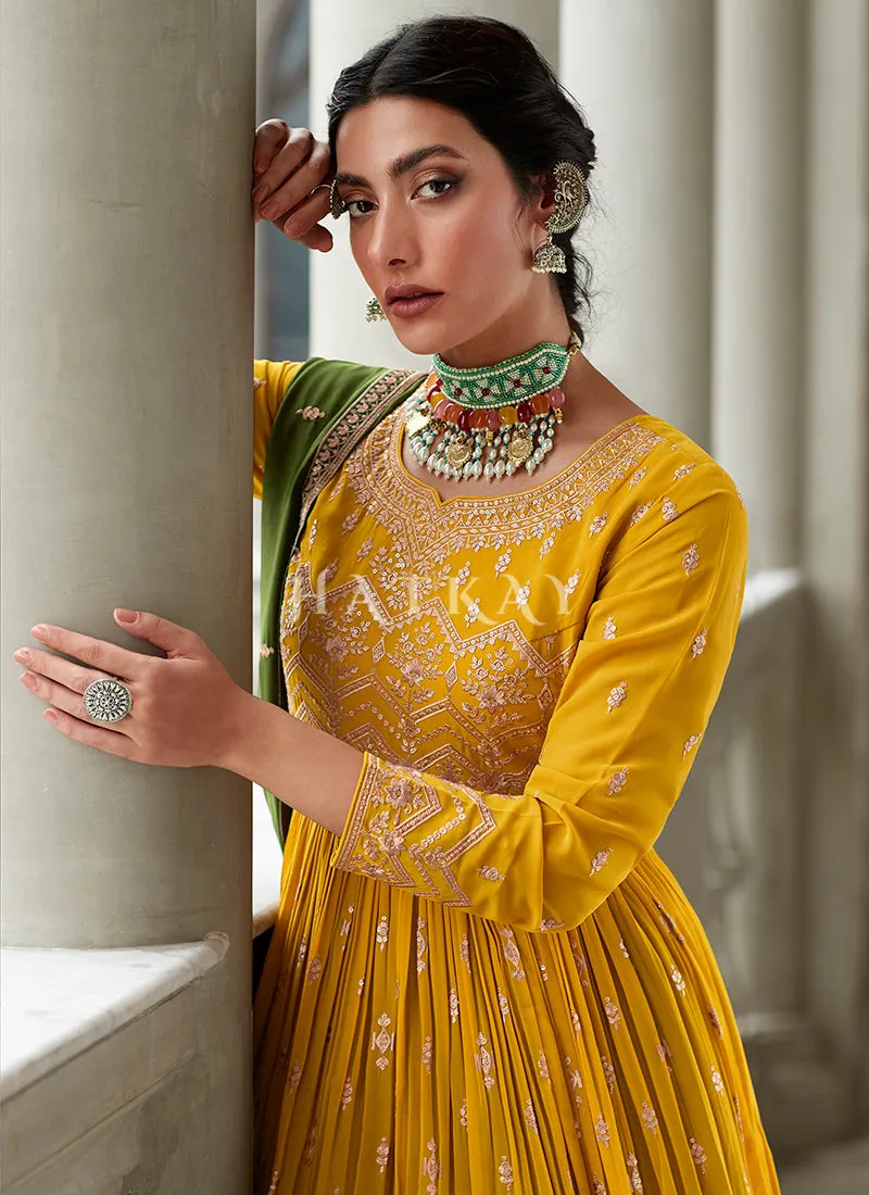 Yellow And Green Embroidery Peplum Anarkali Lehenga