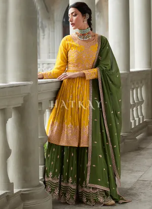 Yellow And Green Embroidery Peplum Anarkali Lehenga