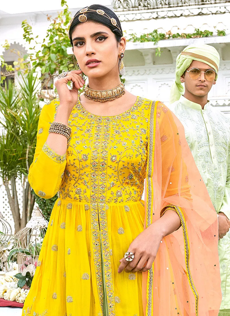 Yellow And Green Mirror Embroidered Peplum Style Gharara Suit