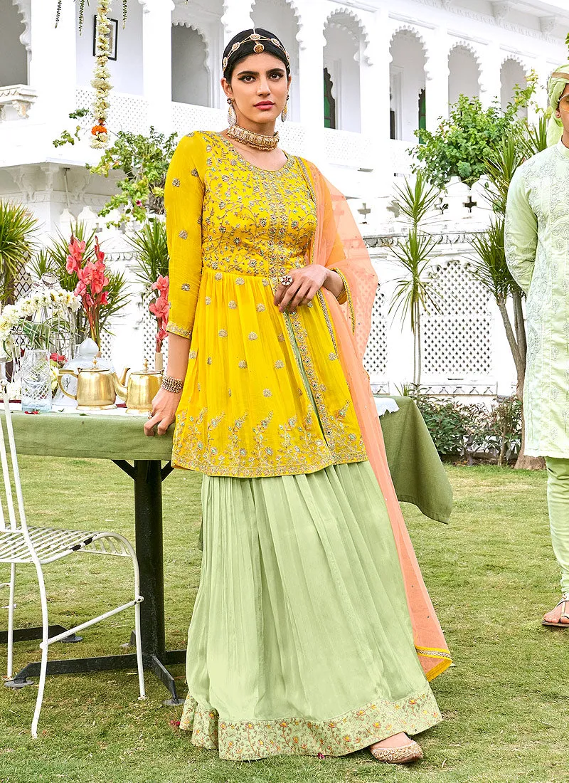 Yellow And Green Mirror Embroidered Peplum Style Gharara Suit
