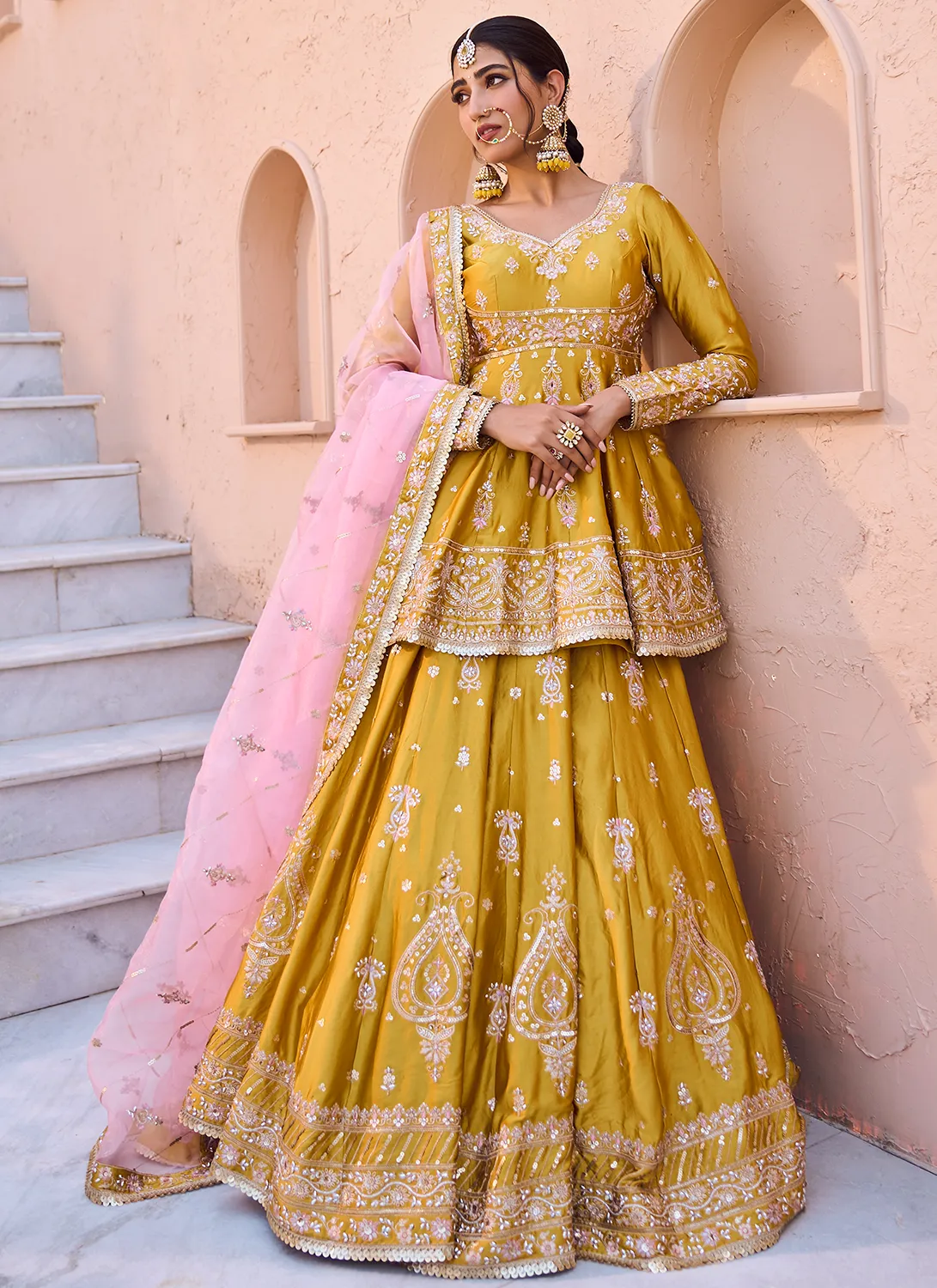 Yellow Embroidered Peplum Style Lehenga