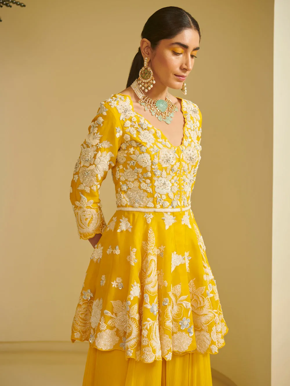 Yellow Embroidered Peplum With Sharara