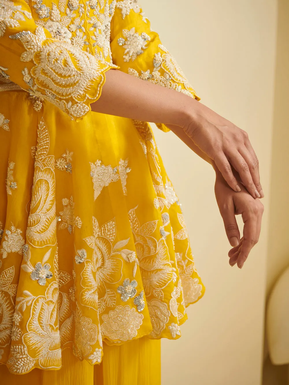 Yellow Embroidered Peplum With Sharara