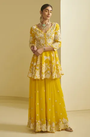 Yellow Embroidered Peplum With Sharara