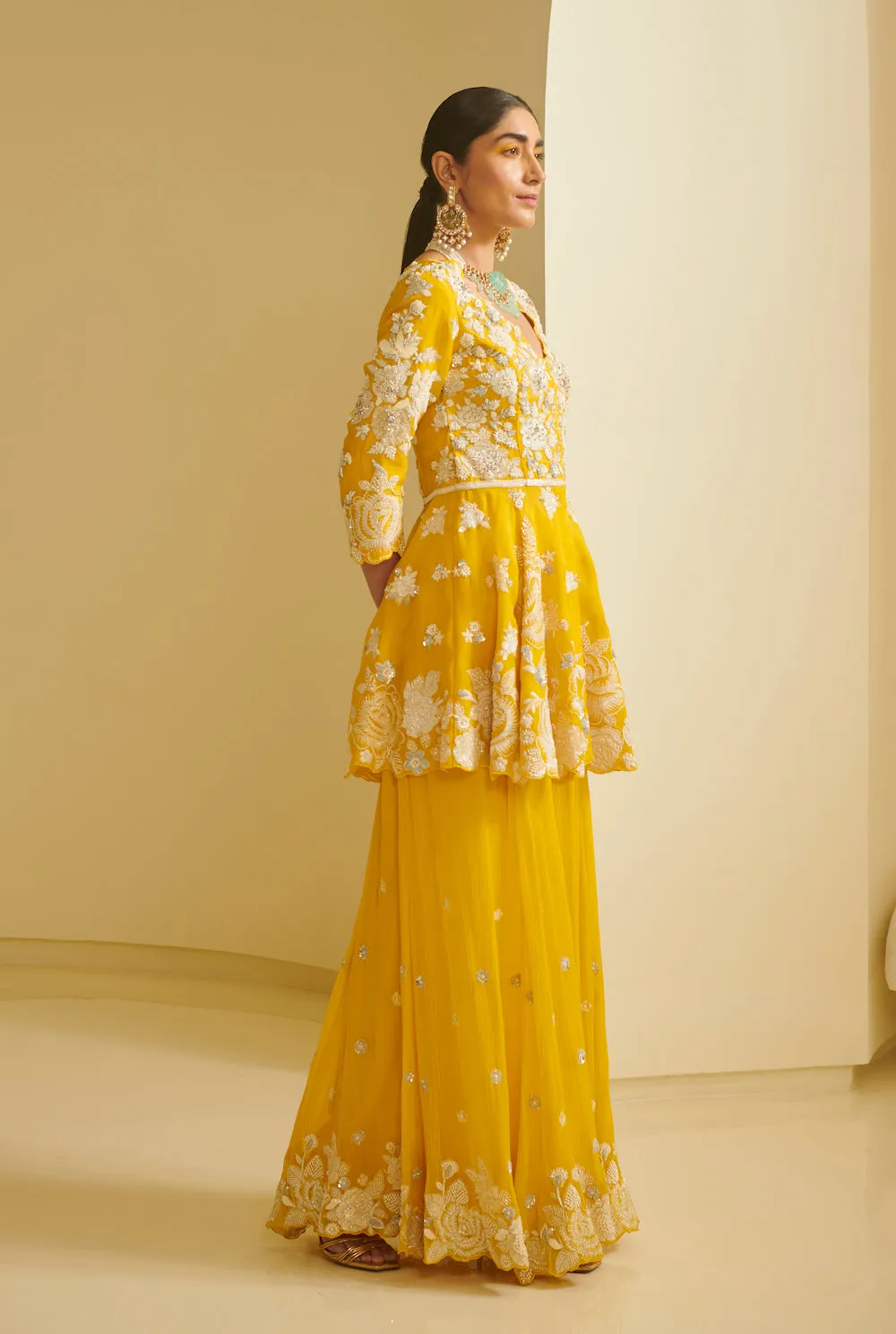 Yellow Embroidered Peplum With Sharara