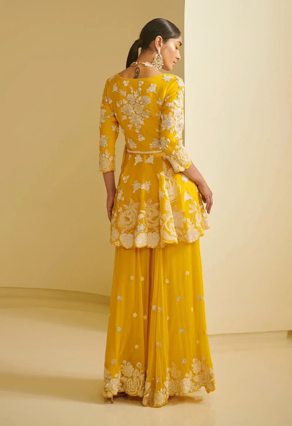 Yellow Embroidered Peplum With Sharara