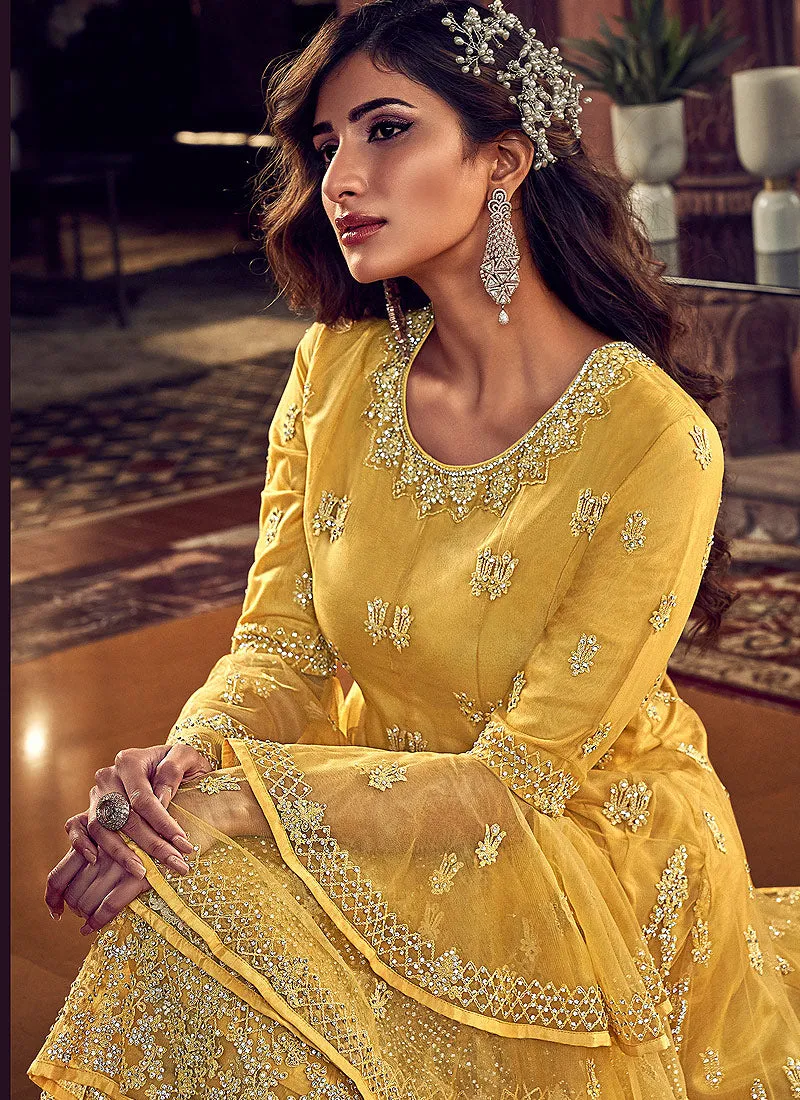 Yellow Embroidered Sharara Suit