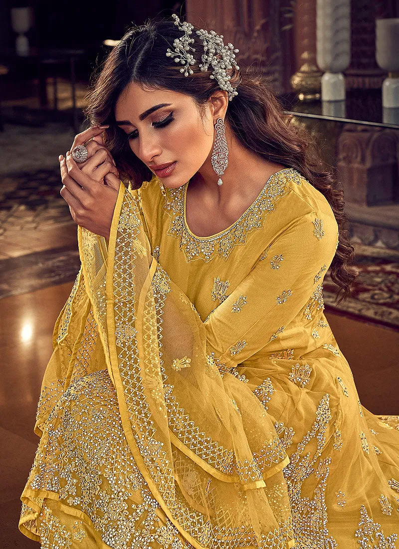Yellow Embroidered Sharara Suit